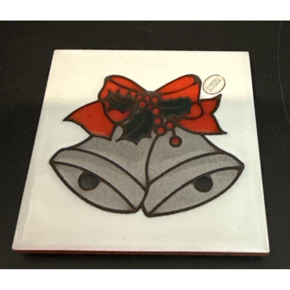 Cleo Teissedre Christmas Bells Bow Holly 4x4 Tile Coaster‎ Trivet Wall Decor